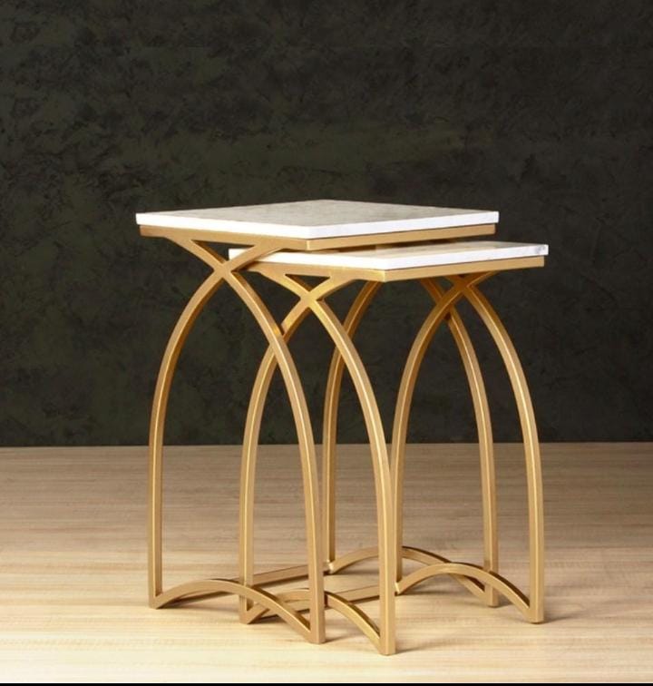 PC Home Decor | Set of 2 Square Side Table, White and Gold