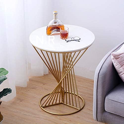 PC Home Decor | Twisted Metal Stand Side Table with Marble Top, Gold and White