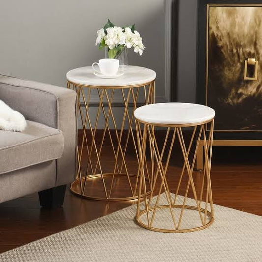 PC Home Decor | Set of 2 Round Nesting Side Tables with Marble Top, Gold and White