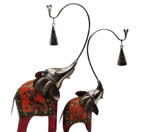 Wooden Elephant Mother Child Pair Table Decor, Brown and Red