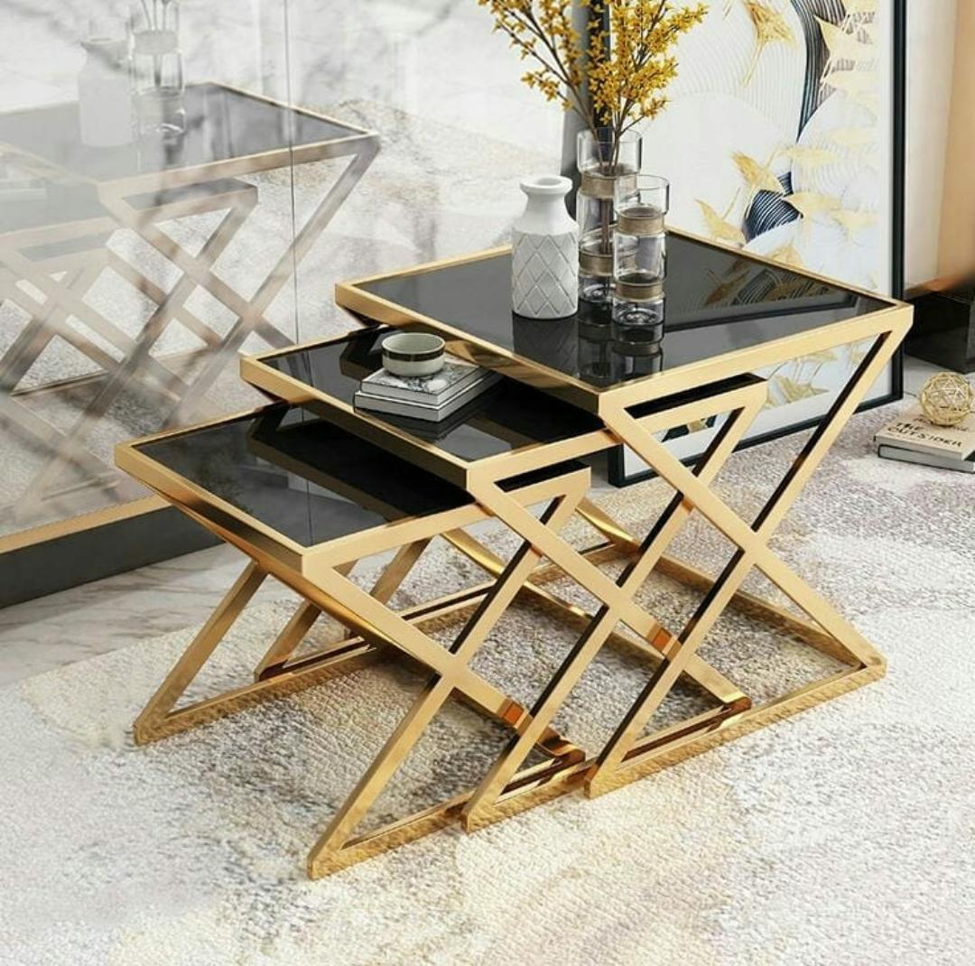 PC Home Decor | Set of 3 Cross Nesting Table with Glass Tops, Gold