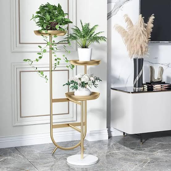 Stylish Planter Set with Marble Bottom, Gold and White