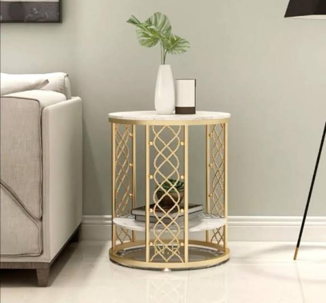 PC Home Decor | Metal Side Table With Marble Top, White & Gold