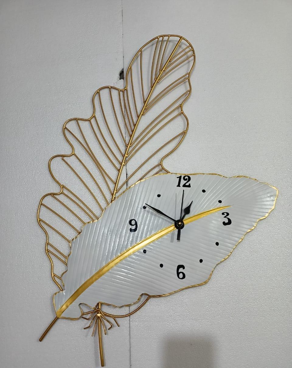 Two Large Leaves Clock, White and Gold