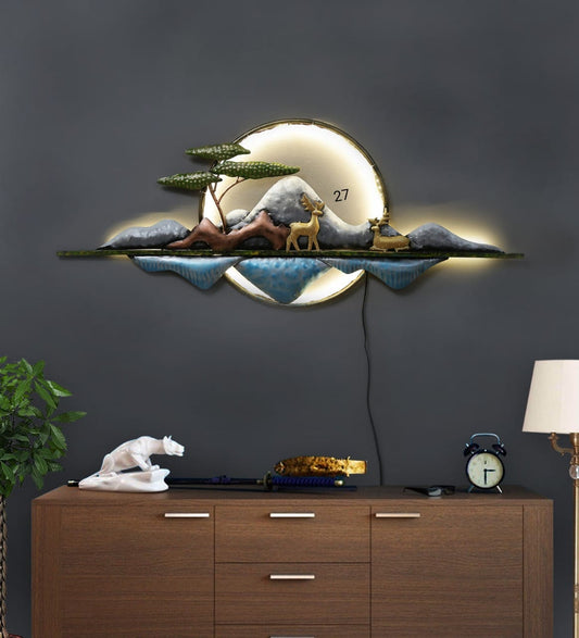 Metal Iron Full Moon Rock With Deer LED Wall Decor