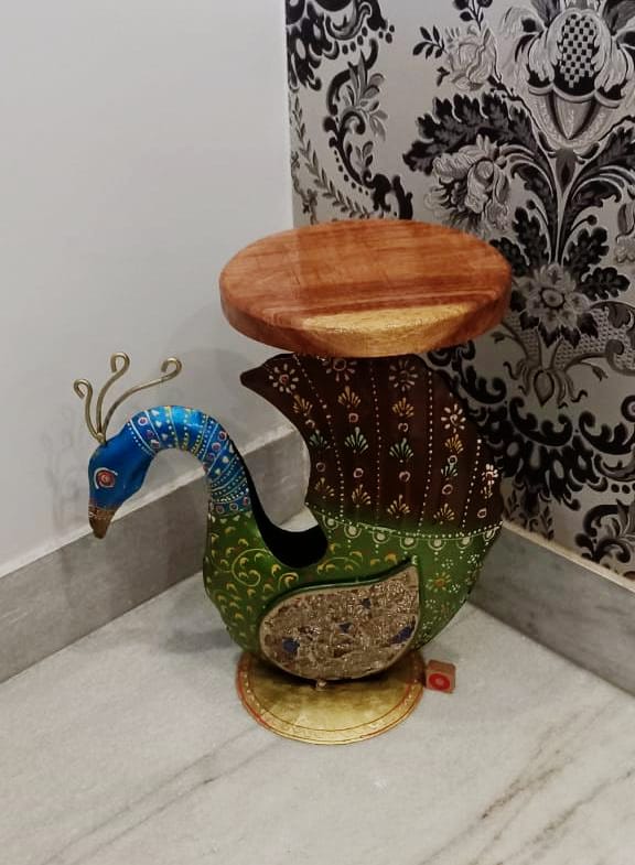 PC Home Decor | Metal Peacock with Wooden Side Stool, Brown and Green