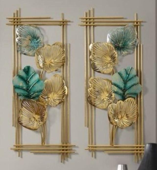 Golden Set Of 2 Iron Frame Leaf Wall Art Decor