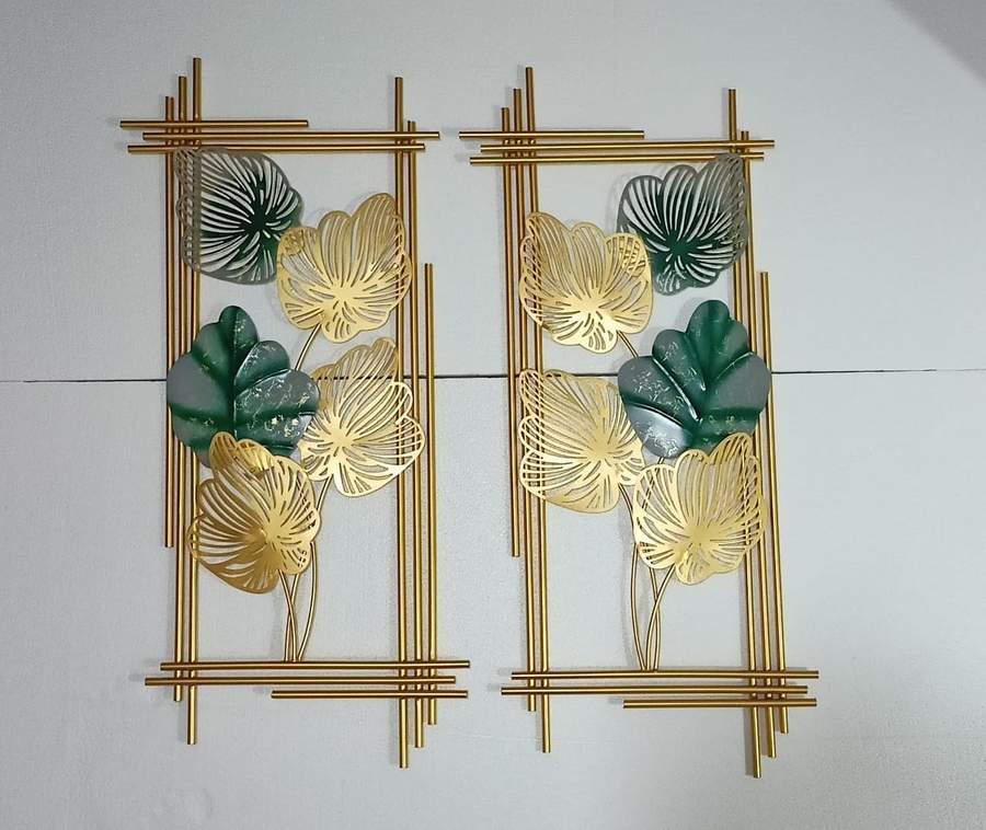 Golden Set Of 2 Iron Frame Leaf Wall Art Decor