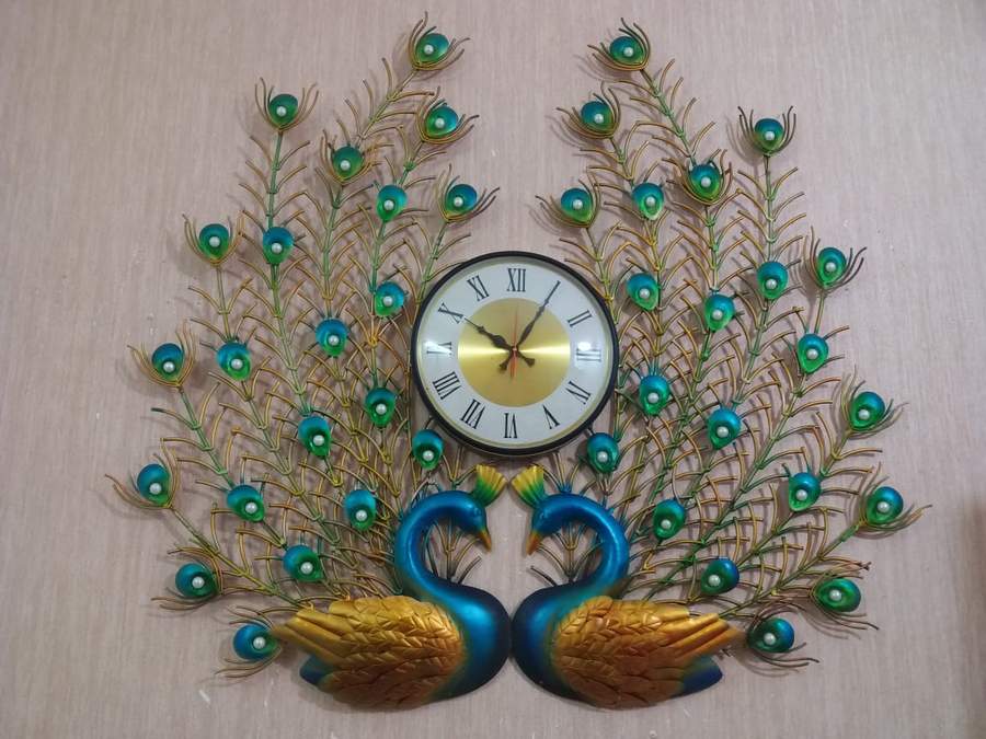 PC Home Decor | Big Peacocks Clock, Gold and Green