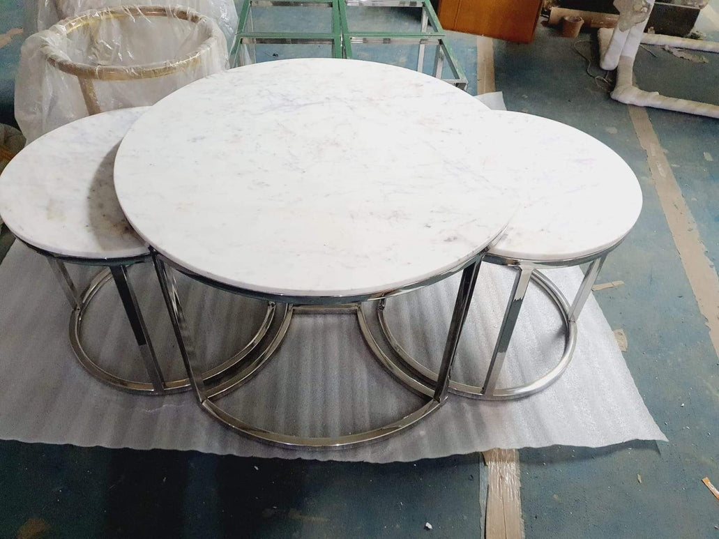 Modern Set of 3 Steel Centre Table, White and Steel