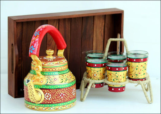 PC Home Decor | Hand Painted Indian Tea Kettle Set with 6 Glasses, Blue and Red, Yellow anf Red