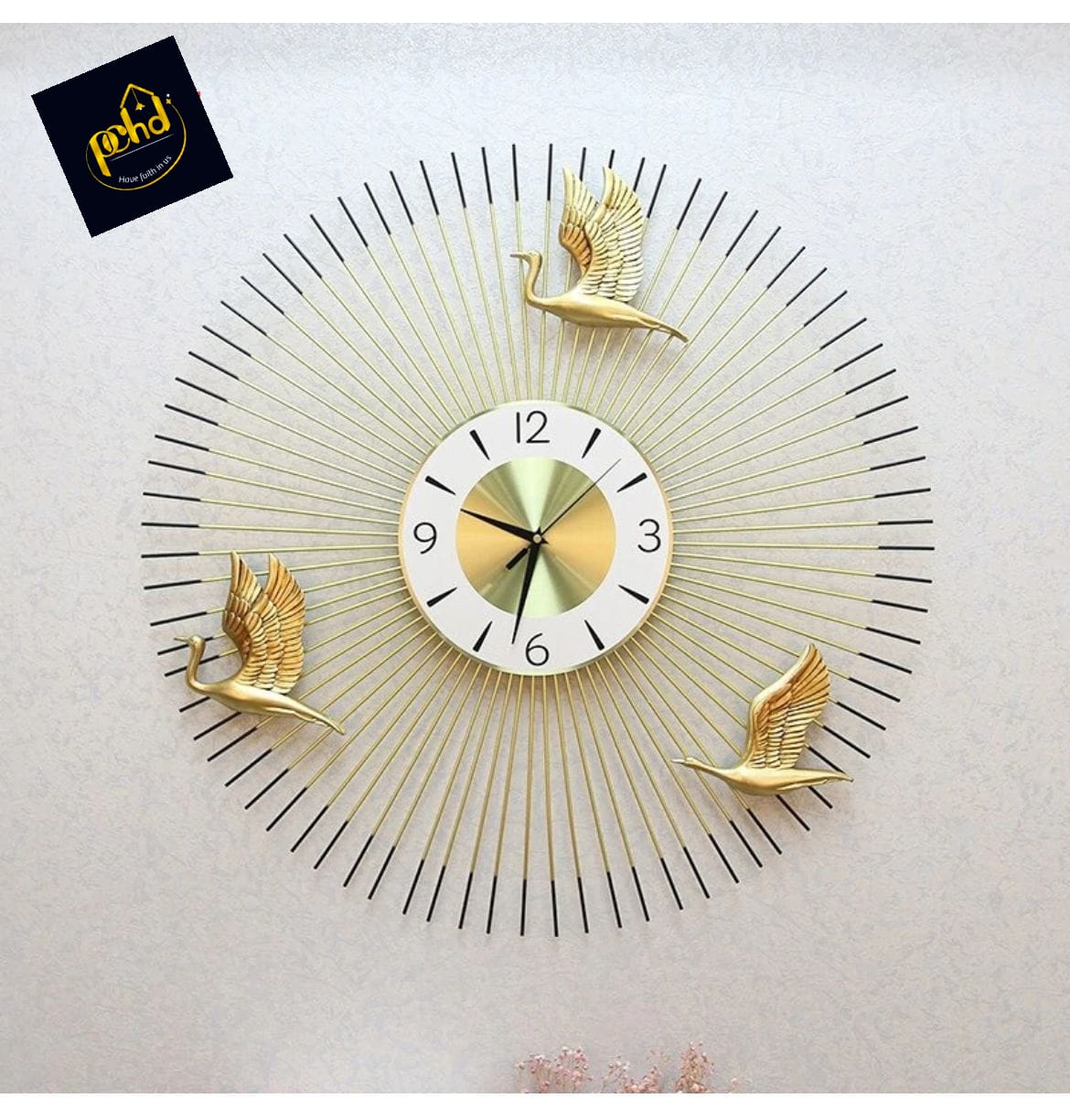 Metal Sun Rays and Swans Wall Clock, Gold – PC HOME DECOR