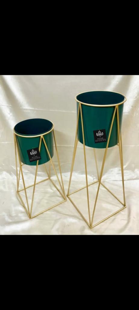 Planters for Indoor - Outdoor Plants & Modern Metal Floor Tall Plant Stand for Garden, Balcony & Living Room & with Pots Set of 2 Flower Pots (Green)
