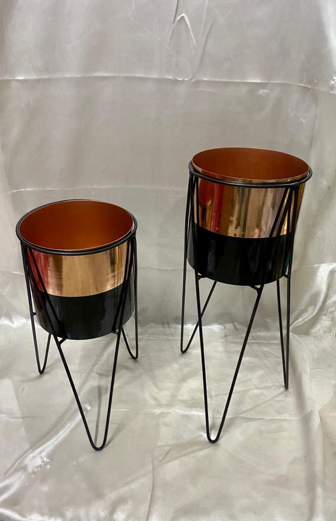 PC Home Decor | Set of 2 Cylindrical Shape Planter Stand, Gold and Black