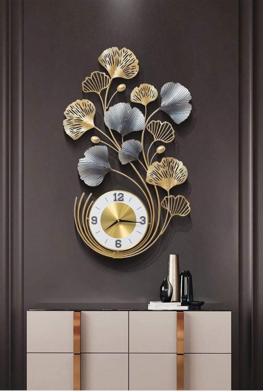 PC Home Decor | Metal Ginkgo Leaf Wall clock with flowers, Gold
