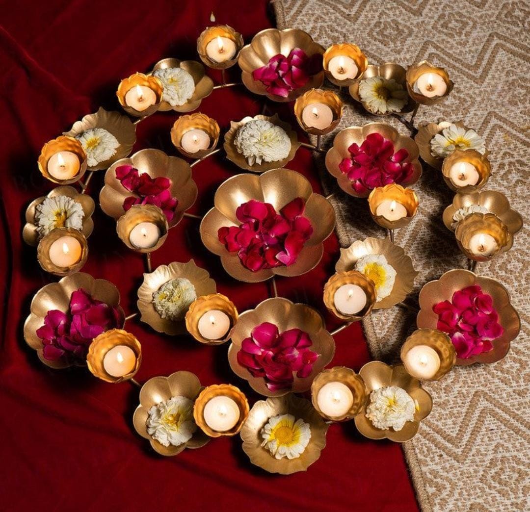 PC Home Decor | Metal Rangoli Design Diya Set, Gold