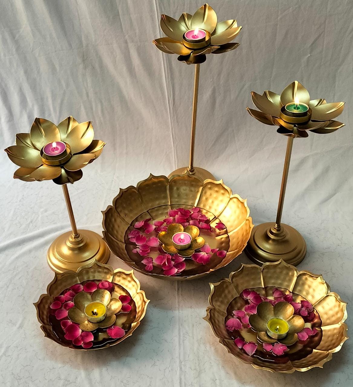 PC Home Decor | Metal Candle Stand Urli Floating Diya Set, Gold