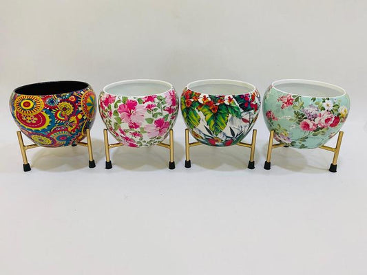 Floral Enamel Meena Planter With Stand(Set Of 4pcs Combo)