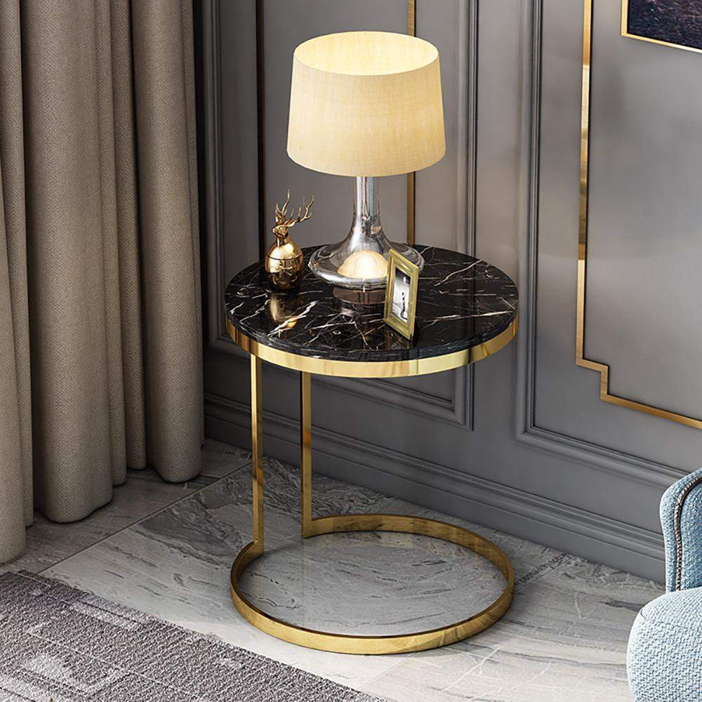 Black/White Round Marble Side Table With Gold Stainless Steel Frame