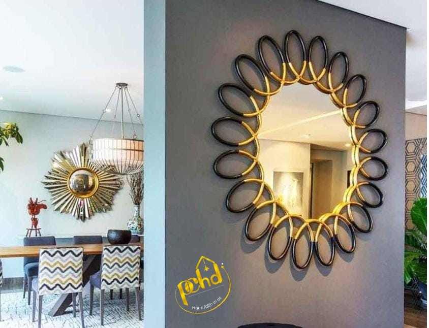 PC Home Decor | Navy Blue Sun Ray Circular Mirror Wall Art Decor, Gold & Blue