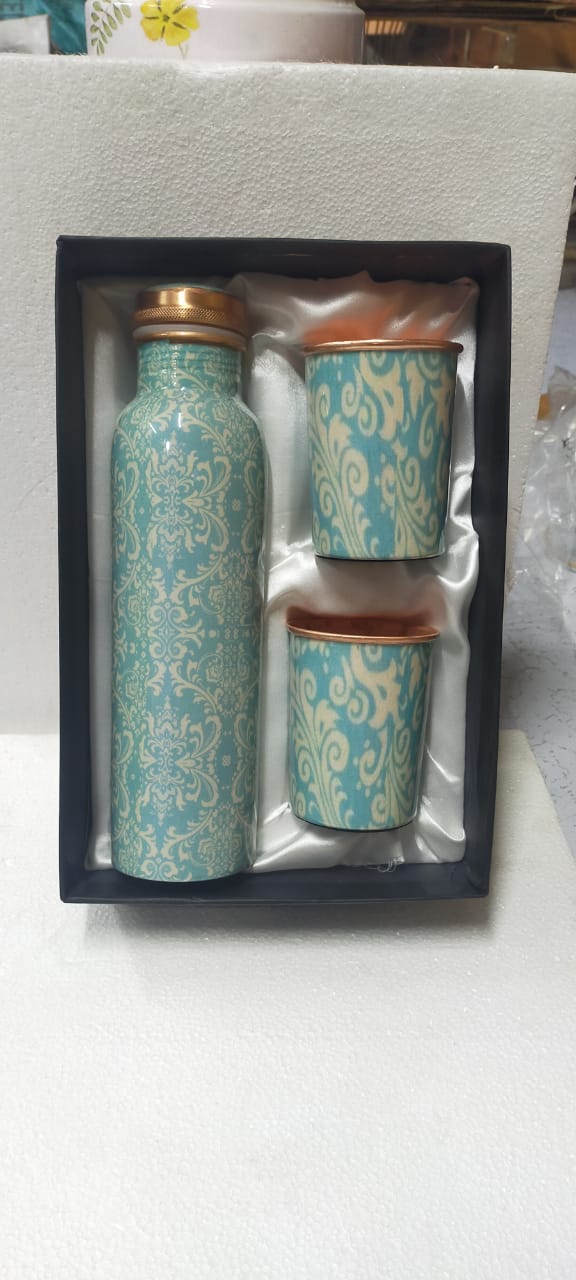 3 Piece Handpainted Copper Water Bottle and Glasses Set, Purple