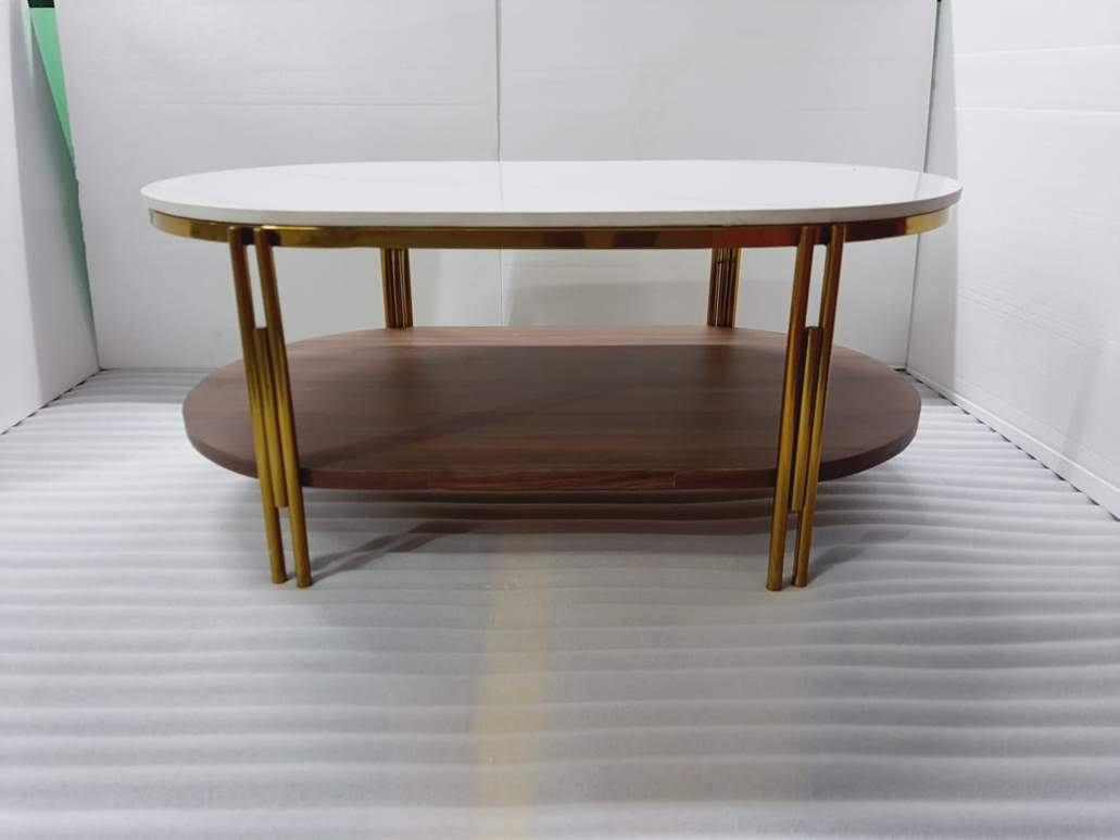 PC Home Decor | Oval Shape Stainless Steel Centre Table, White and Gold
