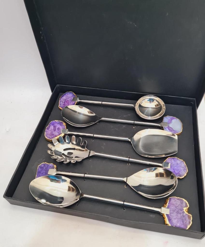 Stainless Steel Serving Cutlery Set With Agate Purple Stone (Set of 6)