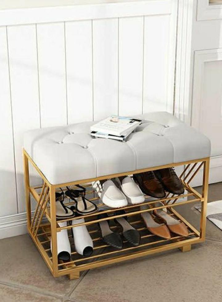 PC Home Decor | Sofa Bench Shoe Rack, White and Gold