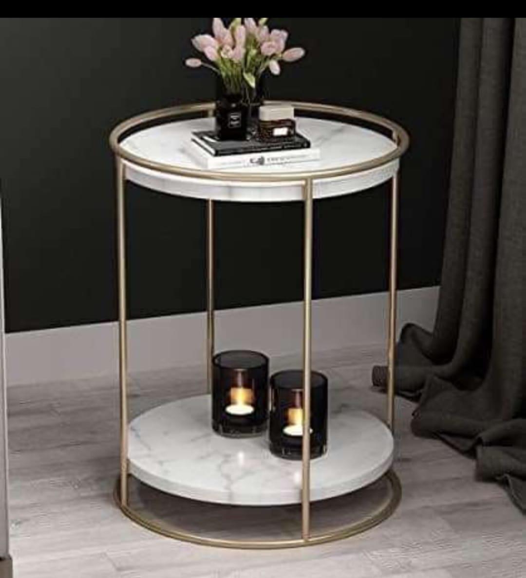 PC Home Decor | Double Marble Side Table, White and Gold