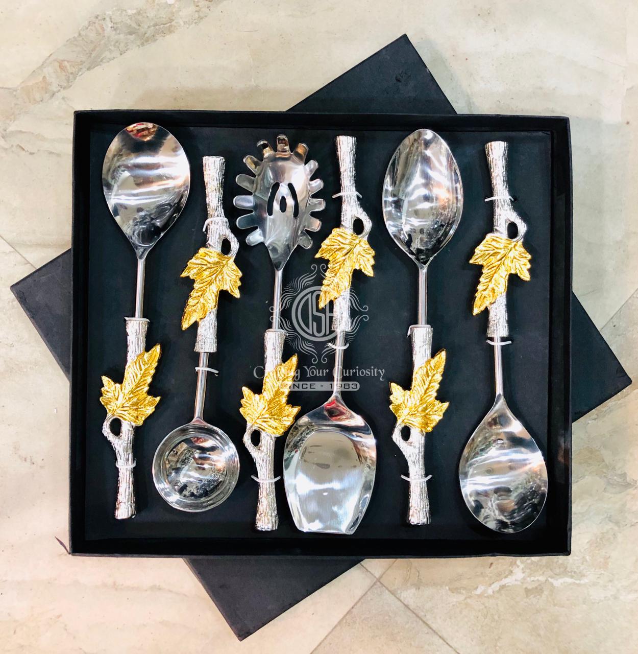 Golden leaf Handle Stainless Steel Serving Spoon Set Of 6pcs