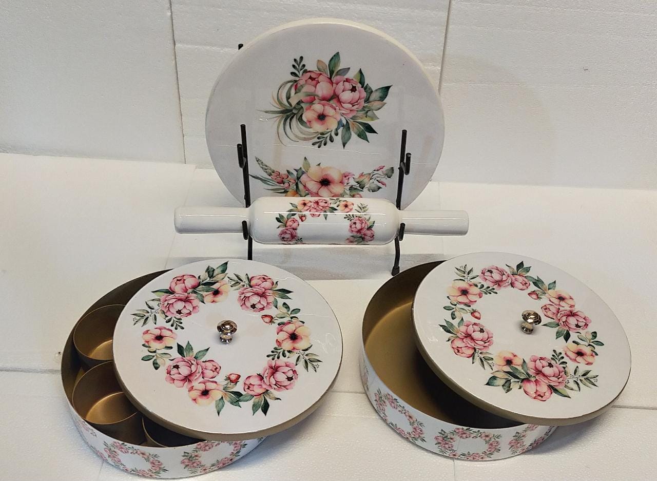 Roti Maker Marble with Porcelain Enamel Print Finish Set, White and Pink