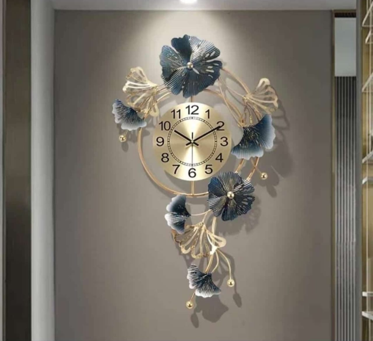 PC Home Decor | Metal Vertical Flower Wall Clock, Gold and Blue