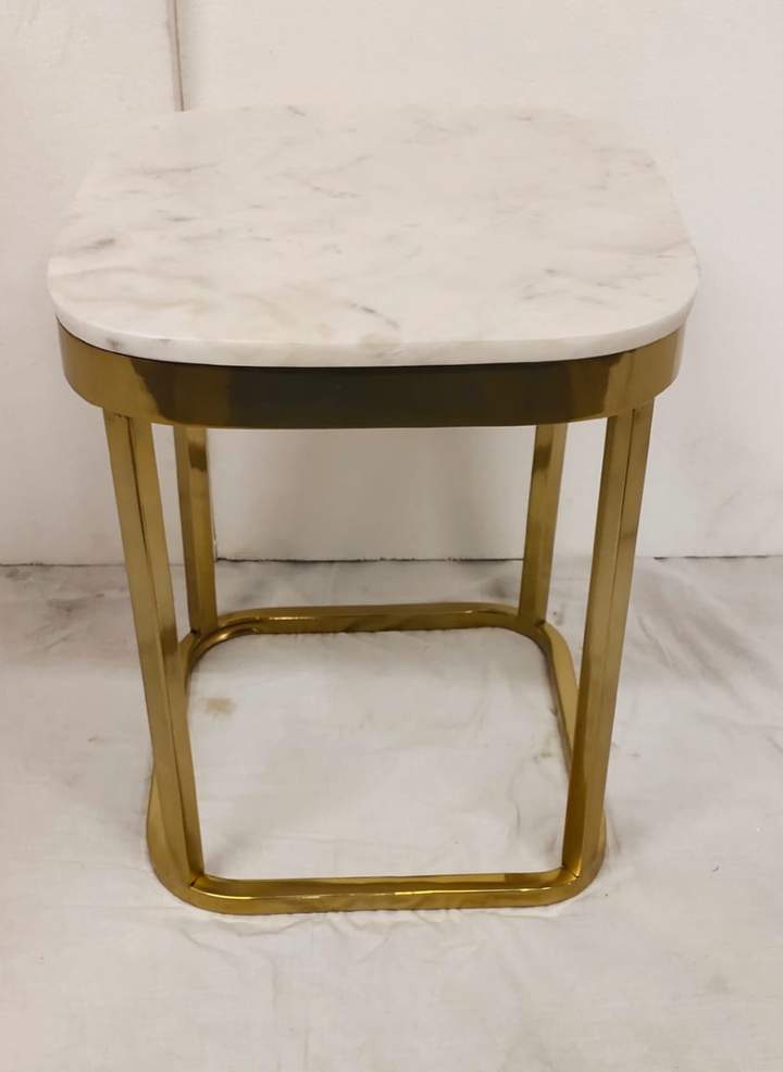 PC Home Decor | Steel Corner Table with Marble Table Top, White and Gold
