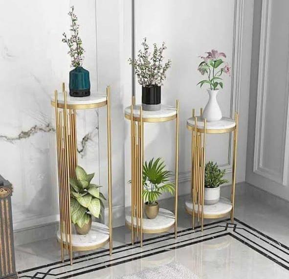 PC Home Decor | Set of 3 Marble Top Side Table for Plants, Gold and White