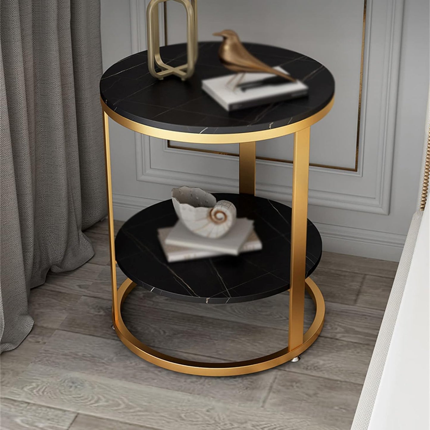 Two Tire Side Table, Gold and Black stone Top