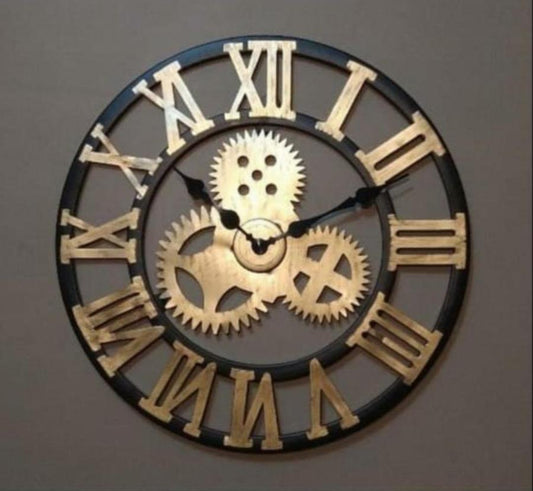 PC Home Decor | XXL Roman Wall Clock With Cogs, Gold and Black