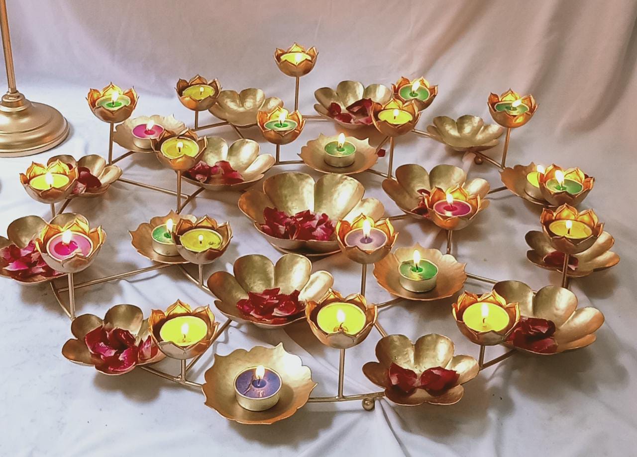 PC Home Decor | Metal Rangoli Design Diya Set, Gold