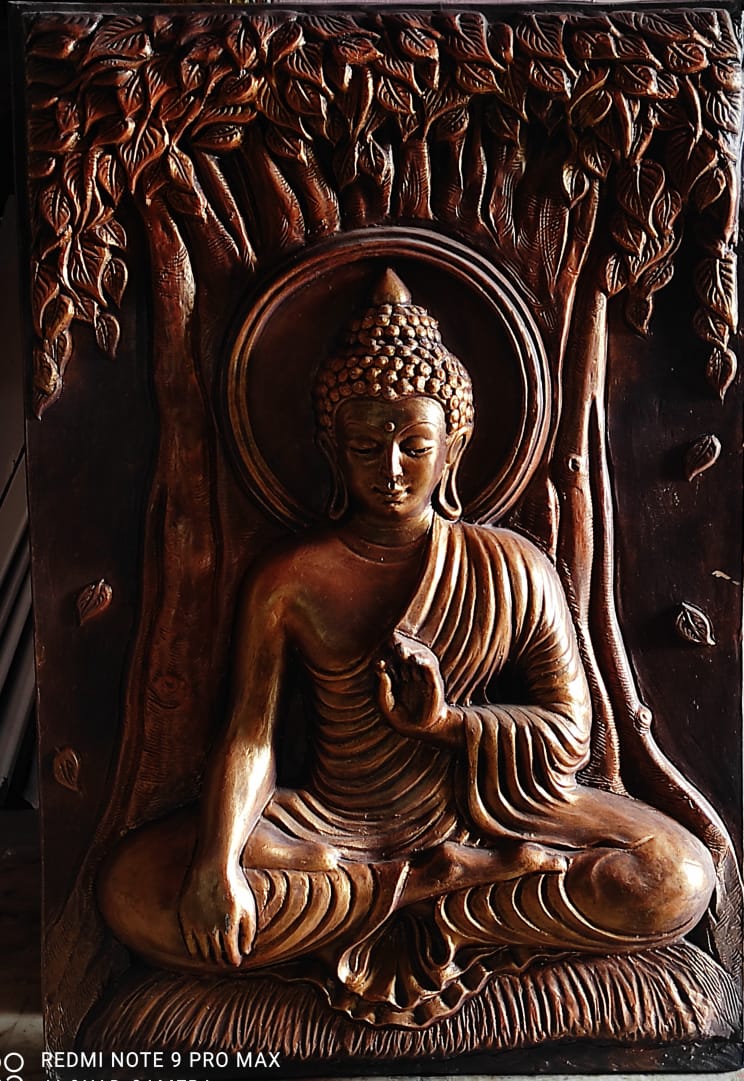PC Home Decor | Fibre Buddha Blessing Wall Painting, Bronze