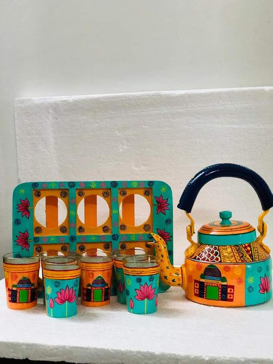PC Home Decor | Hand Painted Indian Tea Kettle Set with 6 Glasses and Glass Holder, Green and Yellow
