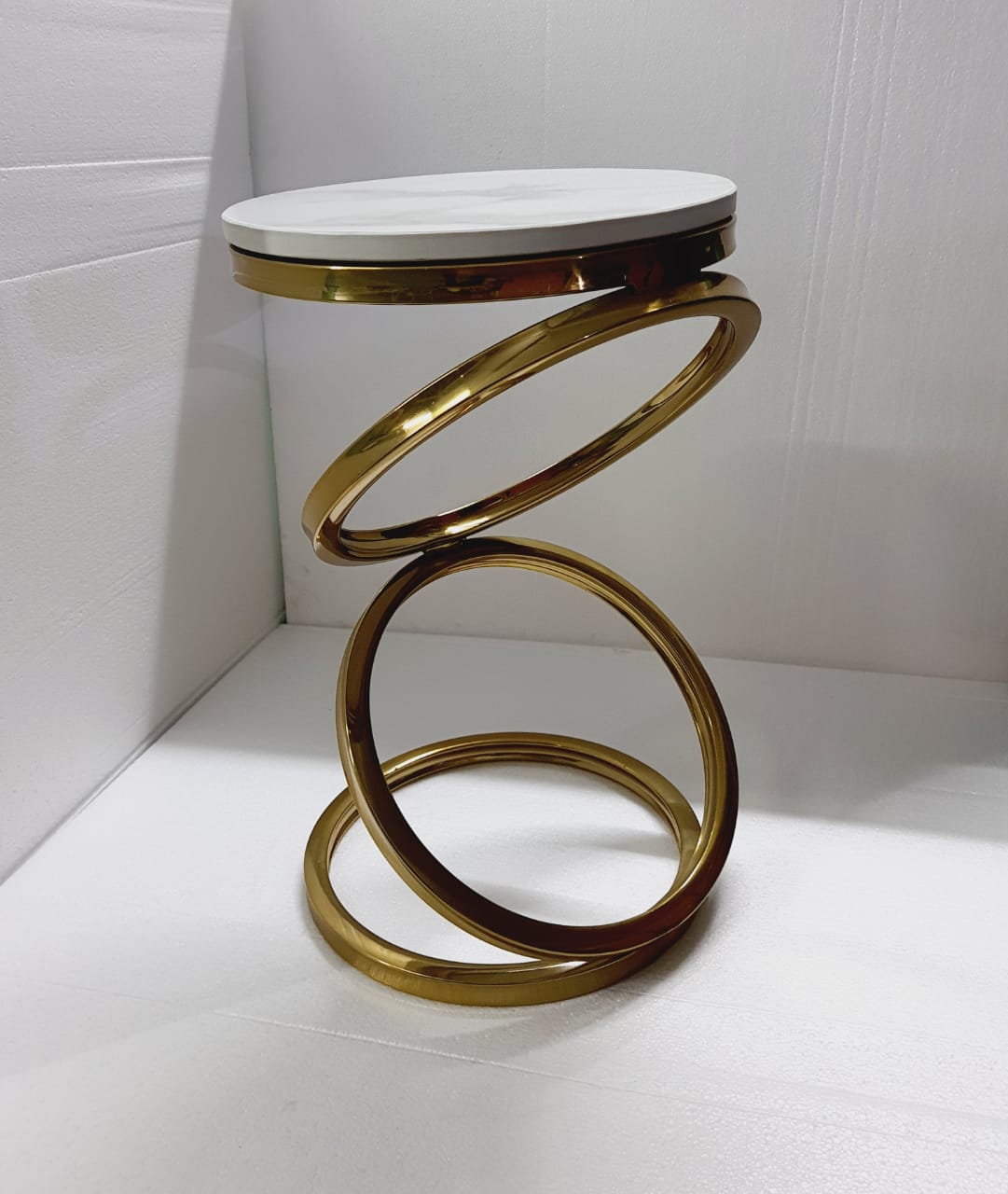 PC Home Decor | Stainless Steel Rings Side Table with Marble Top, Gold and White