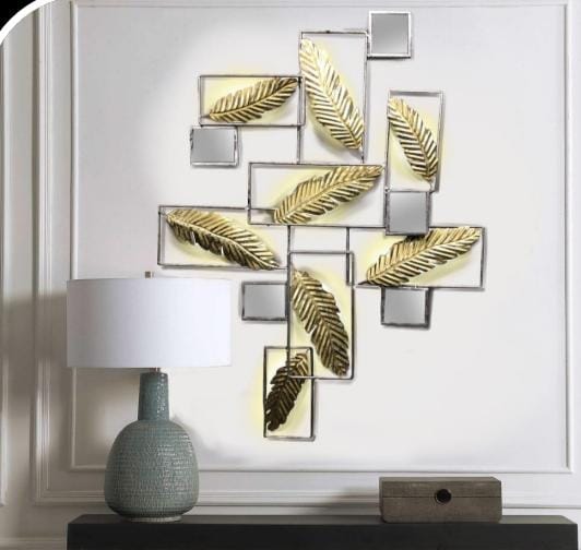 PC Home Decor | Golden Leaves Wall Art Cum Mirror, Gold & Grey