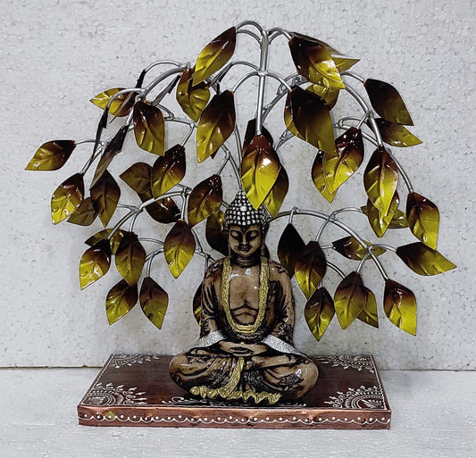 PC Home Decor | Metal Peepal Tree with Buddha Table Decor, Yellow and Brown