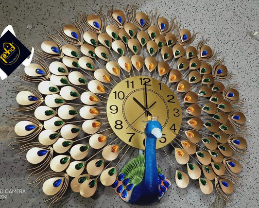 PC Home Decor | Small Peacock Wall Clock, Gold and Blue