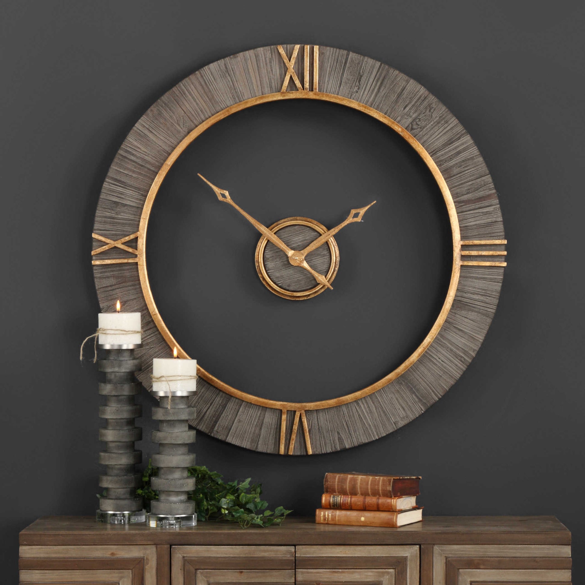 Metal Round Wall Clock  , Brown and Gold