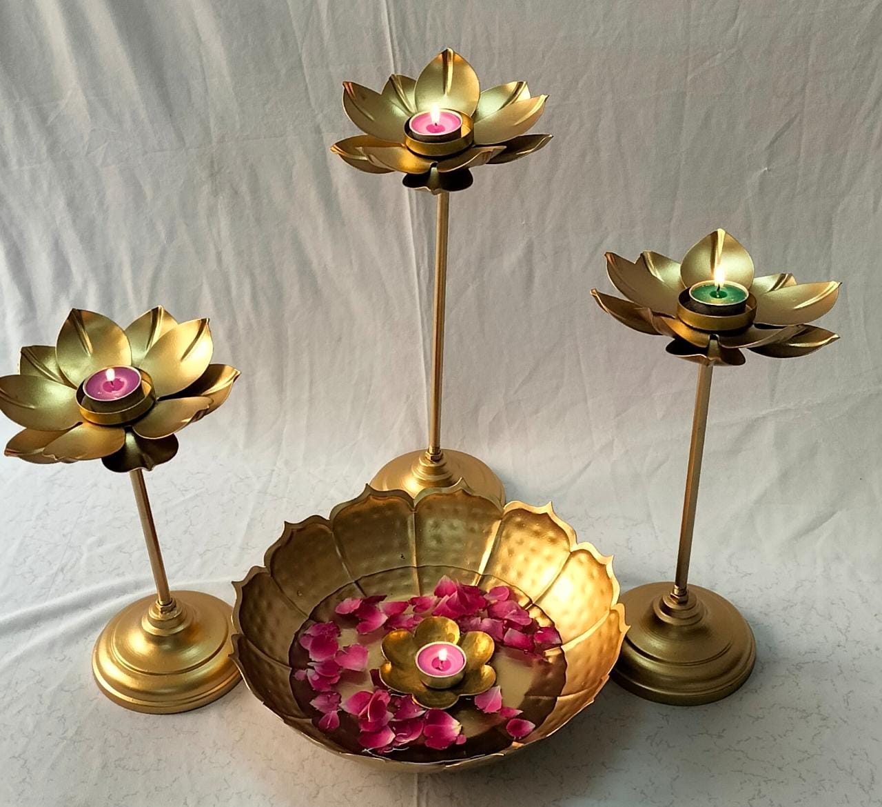 PC Home Decor | Set of 4 Metal Candle Urli Stand Set, Gold