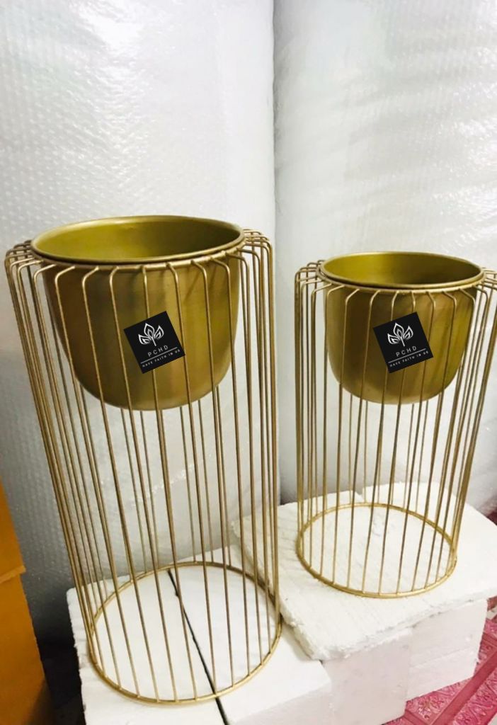 Gold Metal Round Base Floor Planter Stand With Gold Pots (Set of 2)