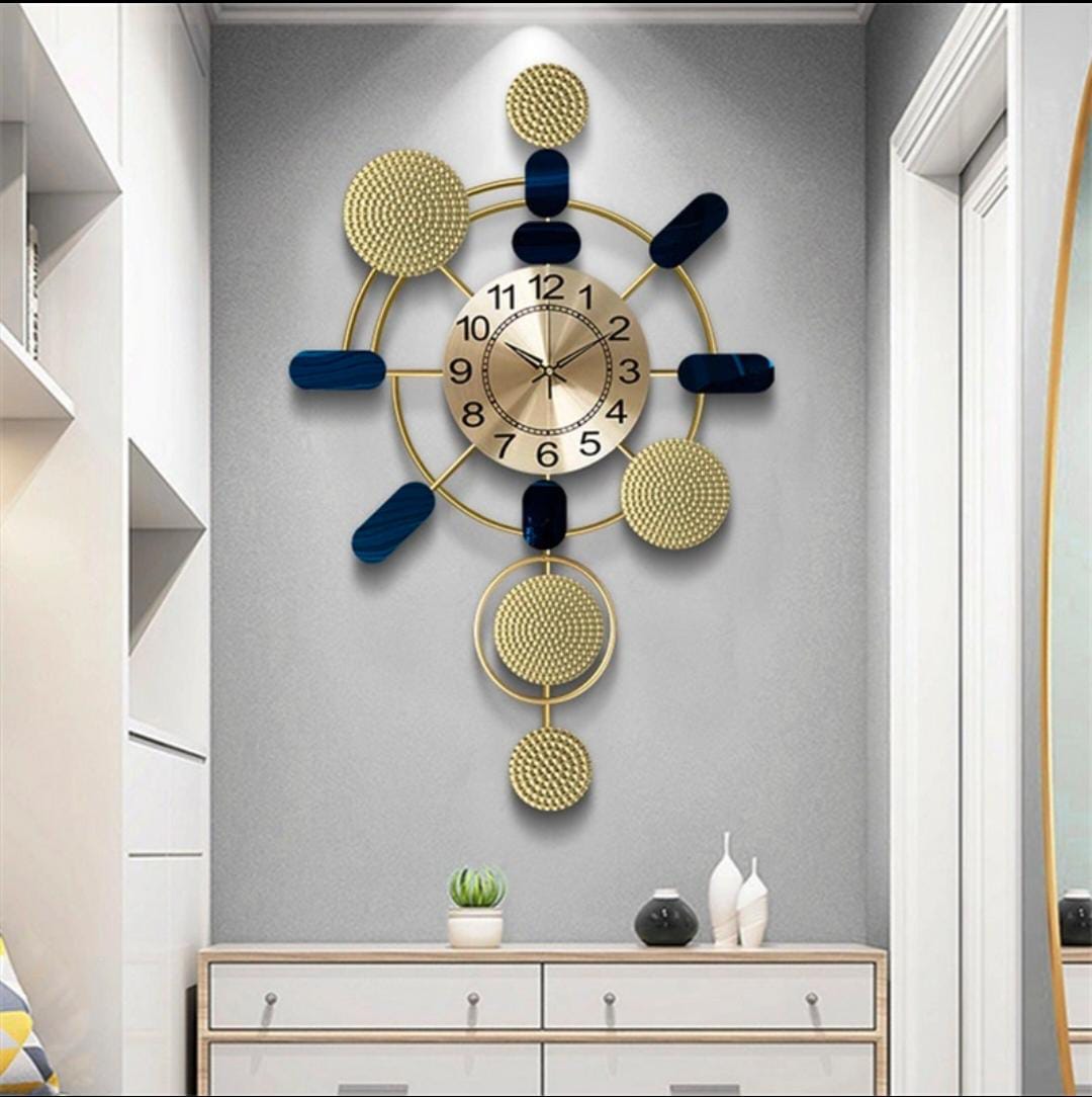 Vertical Large Wall Clock, Blue and Gold