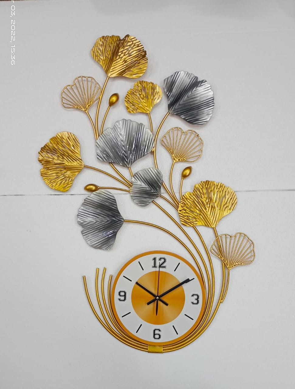 PC Home Decor | Metal Ginkgo Leaf Wall clock with flowers, Gold