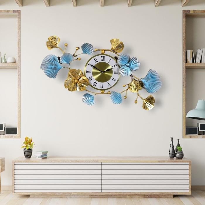 PC Home Decor | Golden & Blue Leaves Wall Clock, Gold