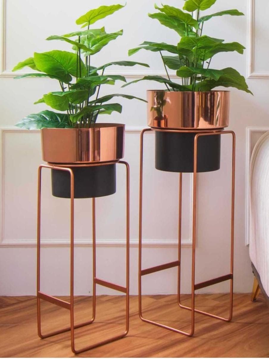 Rose Gold Planter For Indoor - Outdoor Plants & Modern Metal Floor Tall Plant Stand for Garden, Balcony(Set Of 2)